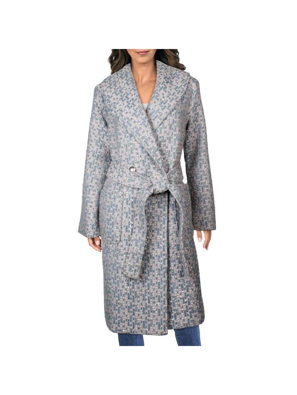 NWT Kathy Ireland Women's Metallic Plaid Belted Long Coat Size XL